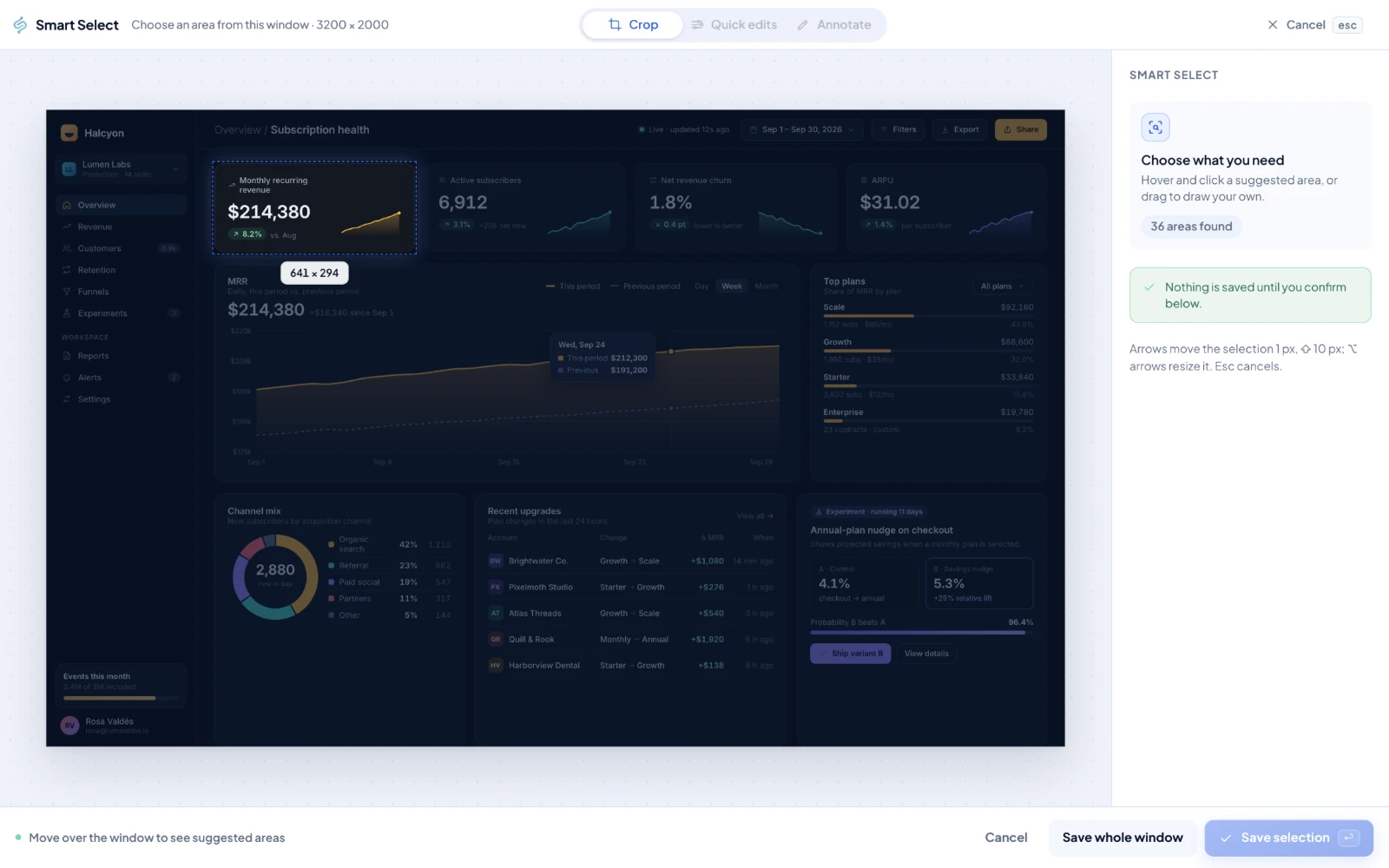 Smart Select reviewing a window capture of the Halcyon dashboard: the monthly recurring revenue card is outlined, 36 areas found, Save selection